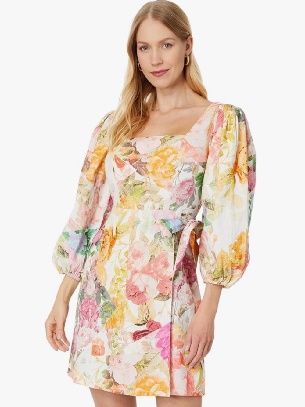 Vince Camuto Linen Blend Pastel Floral Puff-Sleeve Mini Dress Square Neckline